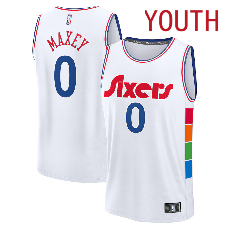 Youth Philadelphia 76ers #0 Tyrese Maxey Fanatics White City Edition 2024-25 Fast Break Player NBA Jersey->youth nba jersey->Youth Jersey